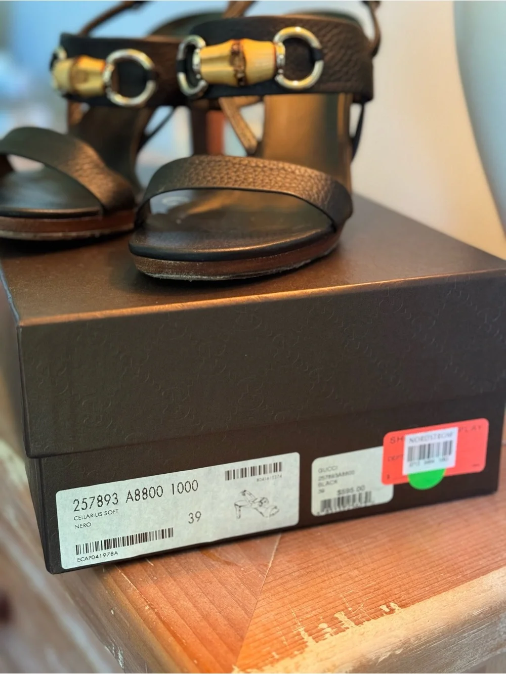 Gucci Black Leather Slingback Sandals with Gold Bamboo Accent